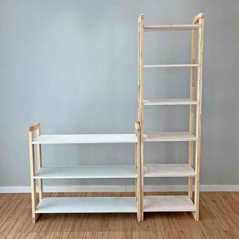Kit Estante e Aparador Linea 6 Prateleiras Madeira Pinus 100cm Branco e Natural