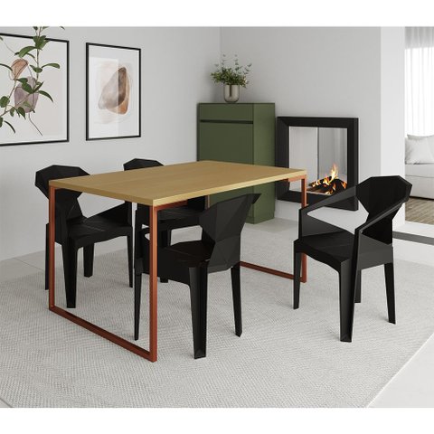Mesa Jantar Retangular Manchester Canela Base Cobre 4 Cadeiras Diamond Sala - Canela/preto/cobre