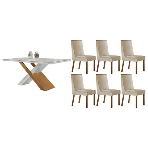Conjunto: Mesa de Cozinha Imperatriz Curvo 180cm + 6 Cadeiras Dakota Naturale/off White - Suede