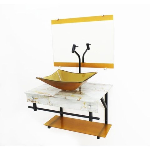 GABINETE DE VIDRO 60CM APX COM CUBA RETANGULAR - MÁRMORE BRANCO DOURADO