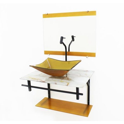 GABINETE DE VIDRO 60CM AP COM CUBA RETANGULAR - MÁRMORE BRANCO DOURADO