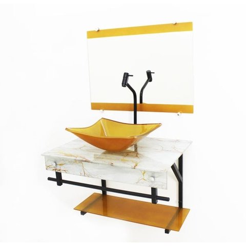 GABINETE DE VIDRO 60CM APX COM CUBA QUADRADA - MÁRMORE BRANCO DOURADO