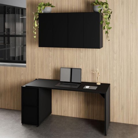 Mesa Escrivaninha 150cm e 2 Armários Aéreos 4 Portas F5 Cor:preto