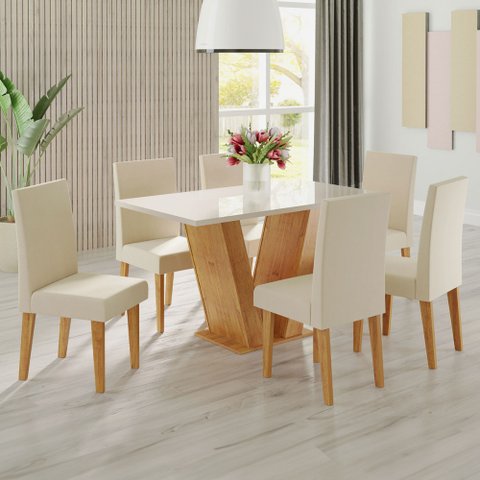 Mesa de Jantar 6 Lugares Franca Mel/off White/veludo Pastel - Viero Móveis