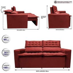 Sofá 3 Lugares Retrátil e Reclinável Cama Inbox Slim 1,80M Velusoft Vermelho - 3 Sofá 3 Lugares Retrátil e Reclinável Cama Inbox Slim 1,80M Velusoft Vermelho - 3