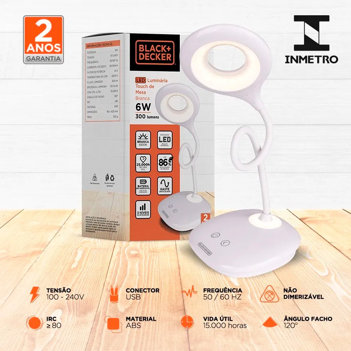 Luminária Mesa Touch Luz Branca Black Decker Haste Branca - 5