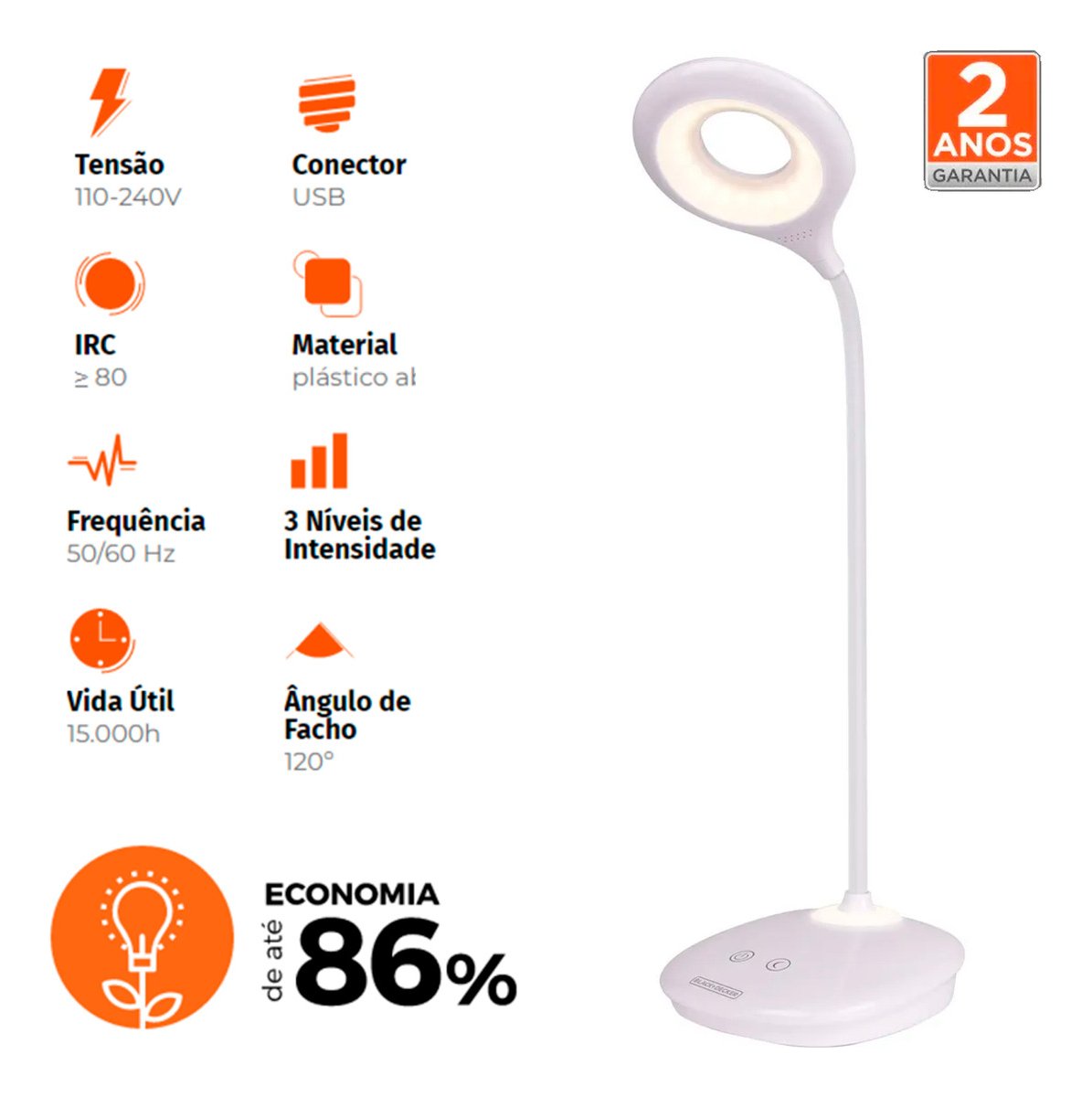 Luminária Mesa Touch Luz Branca Black Decker Haste Branca - 3