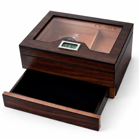 Umidor de Charutos Cigarol Compact Drawer C/ Gaveta Vidro Higrômetro Digital