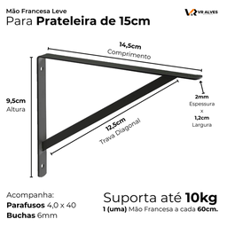 8x Suporte Cantoneira Mão Francesa Preta P/prateleira 15cm - 2