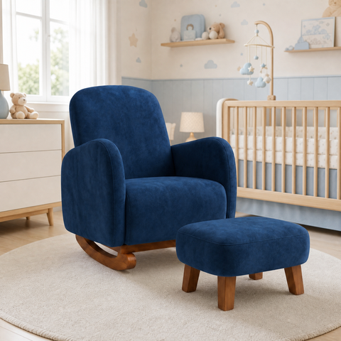 Poltrona Amamentação Soft Suede Base Balanço com Puff:Azul Marinho