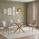 Ver imagem 1 de Conjunto Mesa de Jantar Lara 160cm Vidro 10mm Base Aço Carbono Bronze com 4 Cadeiras Linho - Bege