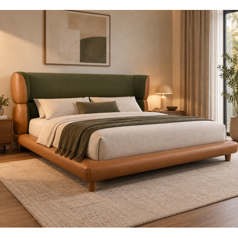 Conjunto Cama Japonesa Casal Cabeceira Alta Estofada Curva Boucle Courino Premiun Luxo Desing Unico 