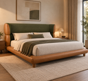 Ver imagem 1 de Conjunto Cama Japonesa Casal Cabeceira Alta Estofada Curva Boucle Courino Premiun Luxo Desing Unico