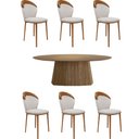 Ver imagem 1 de Conjunto Sala de Jantar Mesa Talocan Oval 218cm e 6 Cadeiras Puskas Linho Bege/Nogueira - Granbelo G