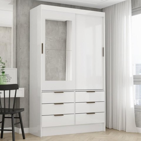 Guarda-Roupa Solteiro com Espelhos 2 Portas de Correr e 6 Gavetas 108cm Multimóveis CR35566 Branco