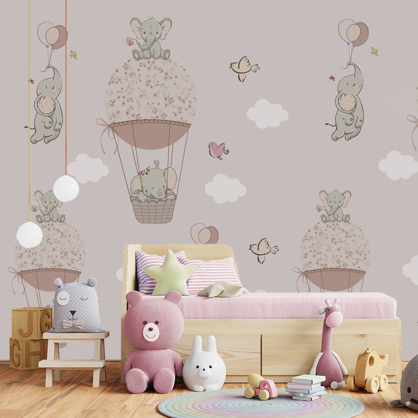 Papel de parede elefantinho balão rosa menina para quarto de bebê M² PP105 - 4