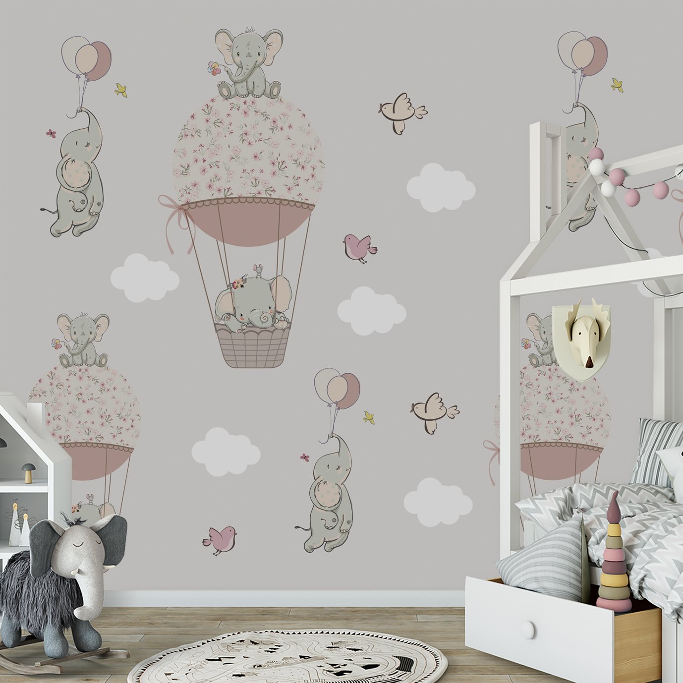 Papel de parede elefantinho balão rosa menina para quarto de bebê M² PP105 - 3