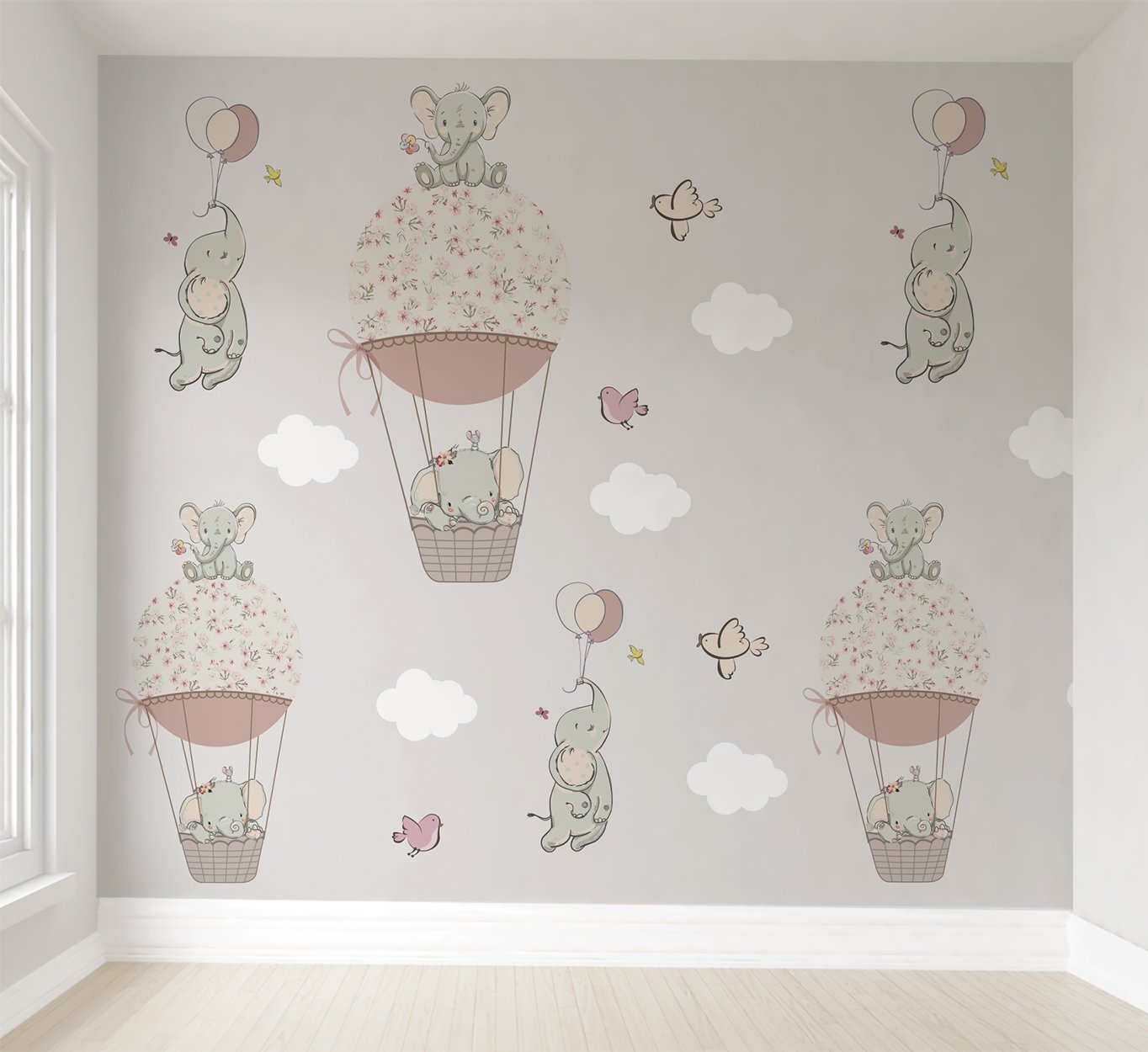 Papel de parede elefantinho balão rosa menina para quarto de bebê M² PP105