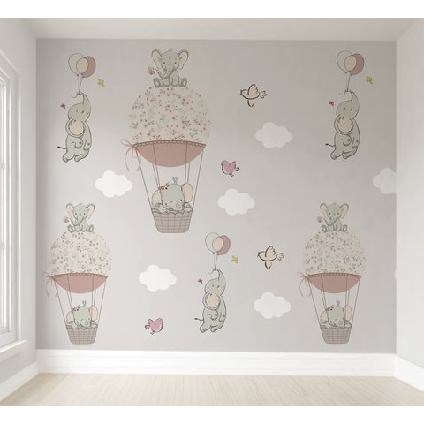 Papel de parede elefantinho balão rosa menina para quarto de bebê M² PP105