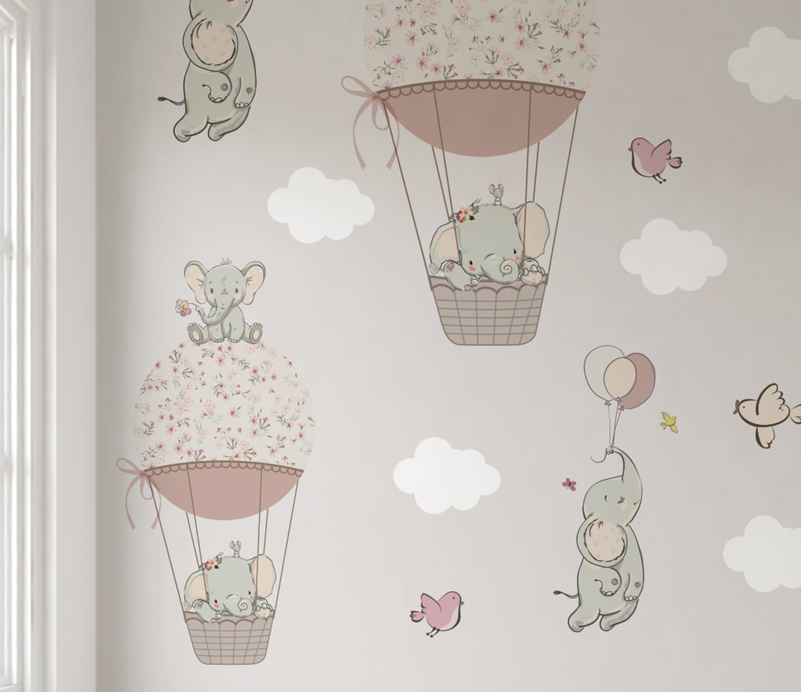Papel de parede elefantinho balão rosa menina para quarto de bebê M² PP105 - 5