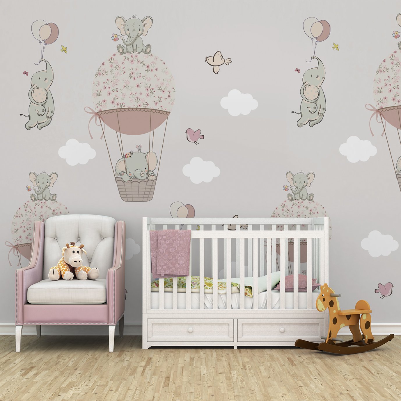 Papel de parede elefantinho balão rosa menina para quarto de bebê M² PP105 - 2