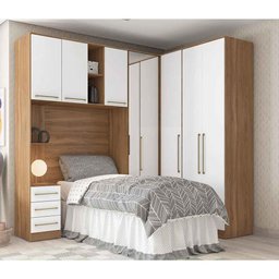 Quarto de Solteiro Modulado 5 Peças com Armário Aéreo + Escrivaninha Amêndola/Branco- Bela Móveis - 2