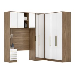 Quarto de Solteiro Modulado 5 Peças com Armário Aéreo + Escrivaninha Amêndola/Branco- Bela Móveis - 1