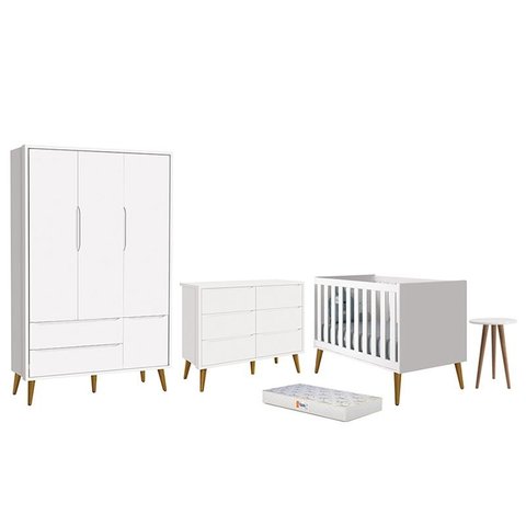 Dormitório Infantil Theo 3 Portas, Cômoda 6 Gavetas, Berço, Mesa de Canto Branco Fosco com Pés Amade