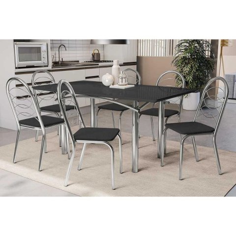 Conjunto: Mesa Sala Jantar Elba Tampo Madeirado C/ Vidro 160cm e 6 Cadeiras Holanda Cromada/preto -