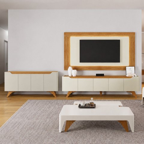 Conjunto Sala de Estar Atenas Off White/Naturalle 220 cm Mavaular