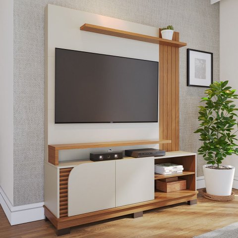 Estante Painel para TV 65 pol 152cm Mayer C04 Off White Matte Freijó - Lyam Decor