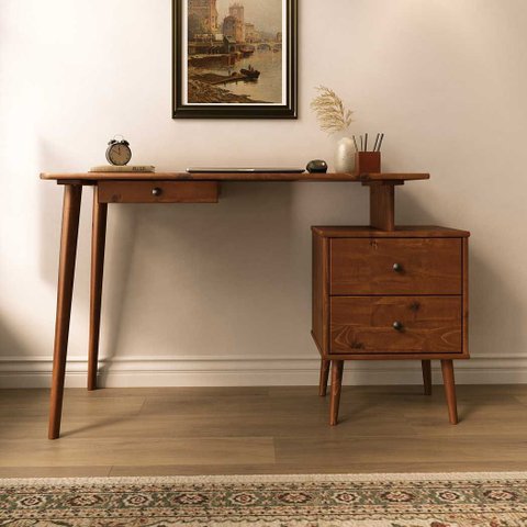 Escrivaninha Retro de Madeira com Gaveteiro 110 até 150 Cm Ajustável Castanho Piero