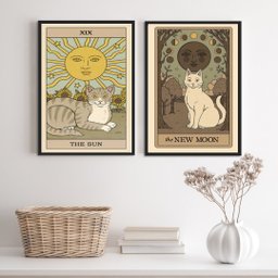 Kit 2 Quadros Cartas Tarot Gato- The Sun e The Moon 33x24cm - com Vidro:madeira Preta - 1