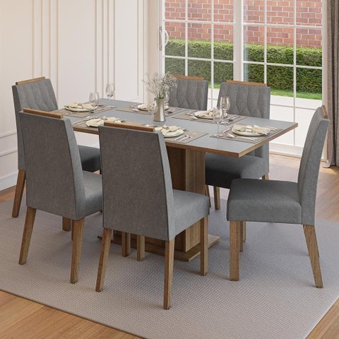 Conjunto Sala de Jantar Tampo de Madeira 6 Cadeiras Rustic/Cinza/Silver Bosque Madesa