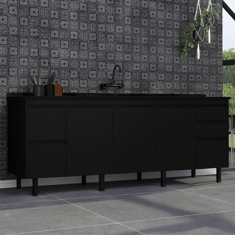 Gabinete de Cozinha 5 Gavetas 3 Portas 194cm Grande 100% Mdf:preto