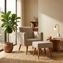 Ver imagem 1 de Kit Poltrona Decorativa com Puff Pequim Veludo Matrix Cor:linho Bronze