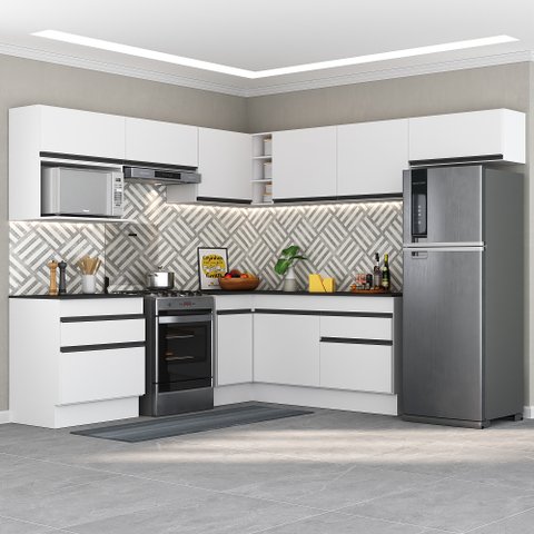 Armário de Cozinha Completa de Canto com Rodapé Veneza Multimóveis Mp2106.964 Branco/preto