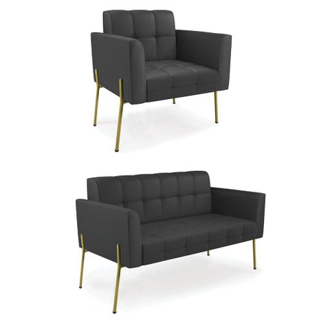 Sofá Namoradeira e Poltrona Base Pé de Ferro Dourado Elisa Corino D03 - D'Rossi Cor Preto
