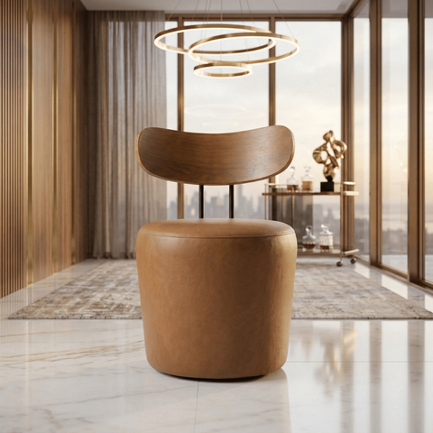 Poltrona Orgânica Redonda Corino Whisky Caramelo Encosto Madeira Curvo Design Escandinavo Sala Hall