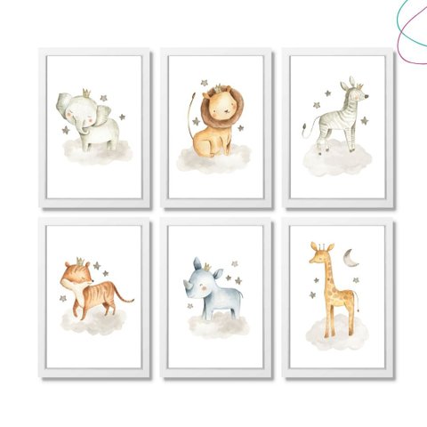 Kit 6 Quadros Decoração Quarto Infantil Safari Baby Aquarela:branco