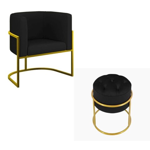 Kit Poltrona Decorativa Luxo Base de Metal Dourada e Puff Capitone Suede Preto Eli Móveis e Decoraçã