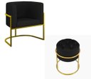 Ver imagem 1 de Kit Poltrona Decorativa Luxo Base de Metal Dourada e Puff Capitone Suede Preto Eli Móveis e Decoraçã