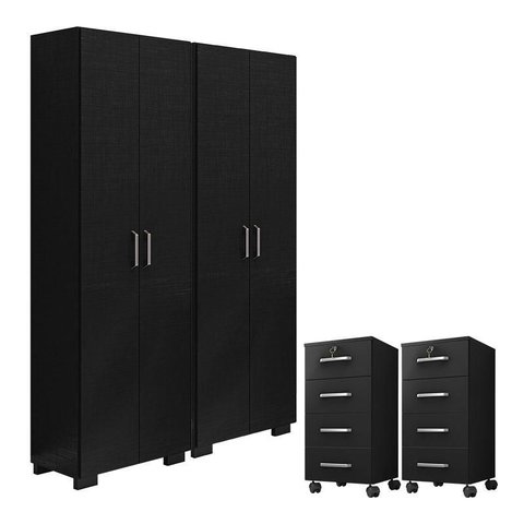 Kit 2 Gaveteiros para Escritório Gávea com Chave e 2 Livreiros Office com Portas Grandes Preto Fosco