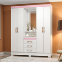 Ver imagem 2 de Roupeiro Casal Com 4 Portas 3 Gavetas Com Espelho B24 Flex Branco / Rosa Chá - Briz Móveis