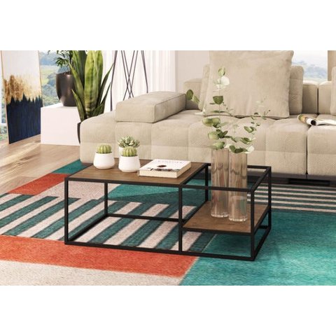 Mesa de Centro 1m 2 Prateleiras Estrutura Metálica 27854 Steel Quadra Artesano - Vermont/preto Fosco