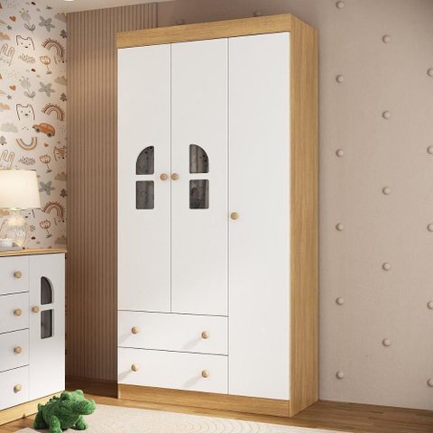 Guarda-roupa Infantil 92cm com Vidro 3 Portas e 2 Gavetas Amora Multimóveis Mp4508 Madeirado/branco