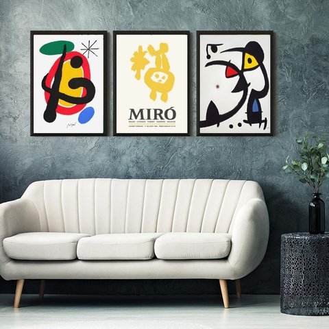 Kit 3 Quadros Abstratos Artes de Miró 24x18cm - com Vidro:madeira Branca