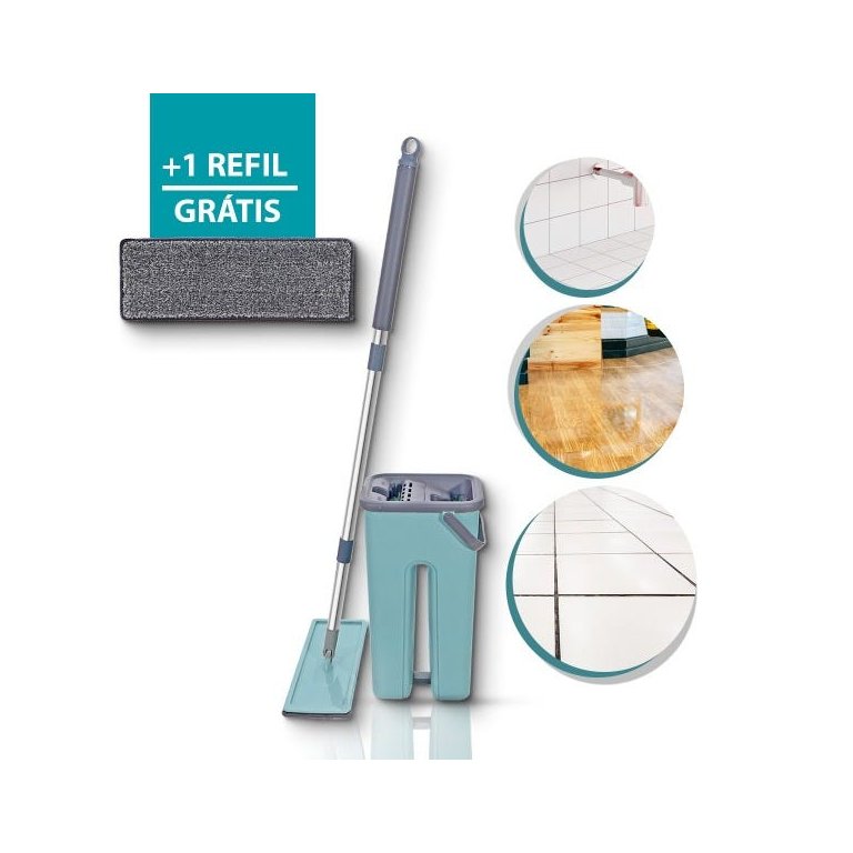 Flat Mop Rodo Balde Esfregão Microfibra Vassoura Mágica Limpa Fácil + 1 Refil
