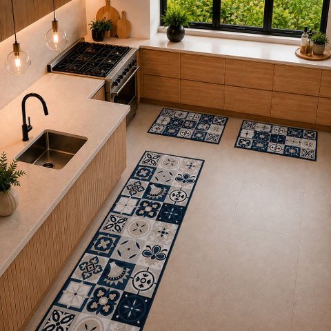 Kit Tapetes Cozinha 3 Pçs Aurora Azulejo - Shd:Art Cinza Azul 110