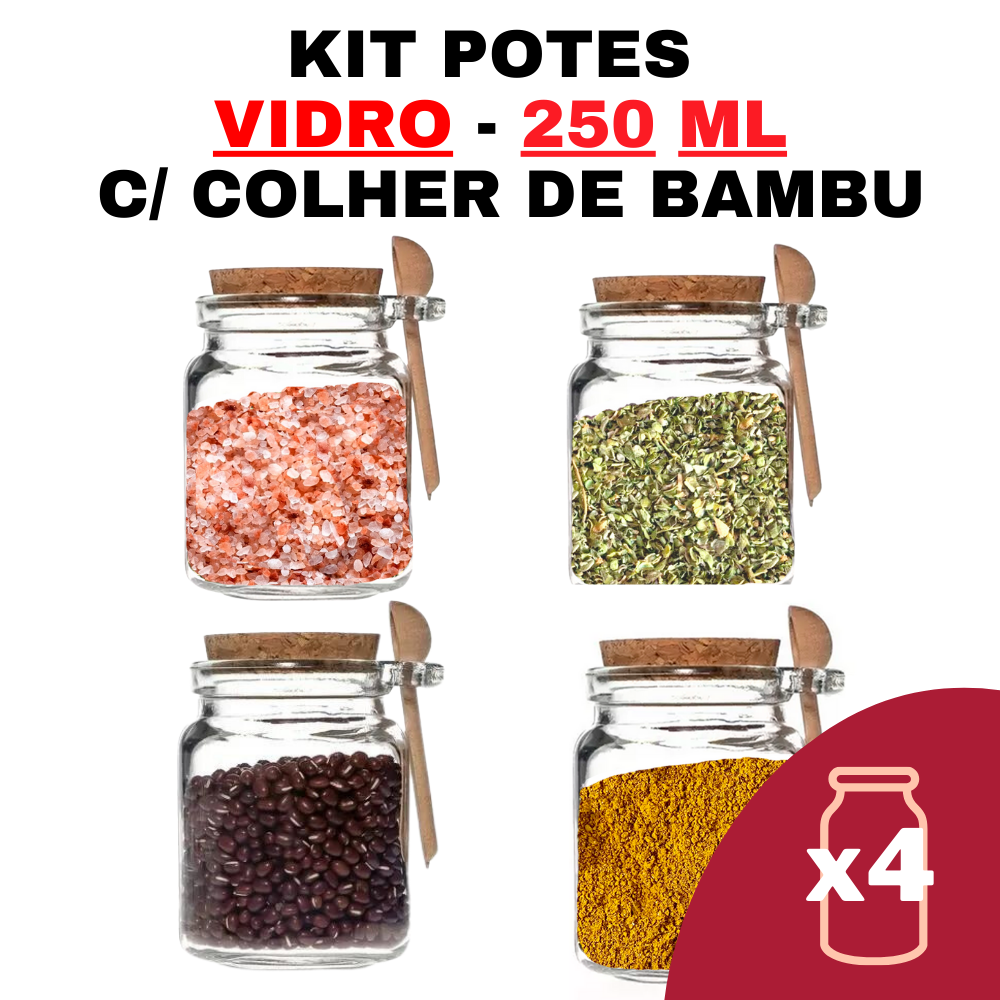 Kit 4 Potes de Temperos Condimentos de Vidro com Colher em Bambu para Cozinha 250ml - Pote de Temper - 1